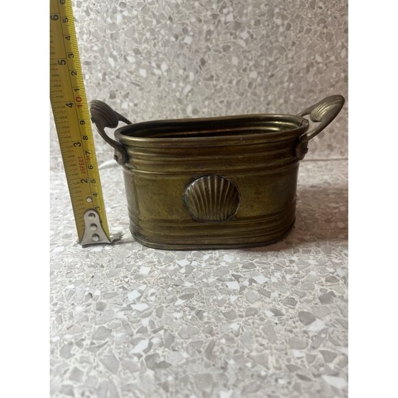 Small Brass Oval Planter Seashell Accent Handles Beautiful Patina 3” Tall Vtg - Picture 14 of 14